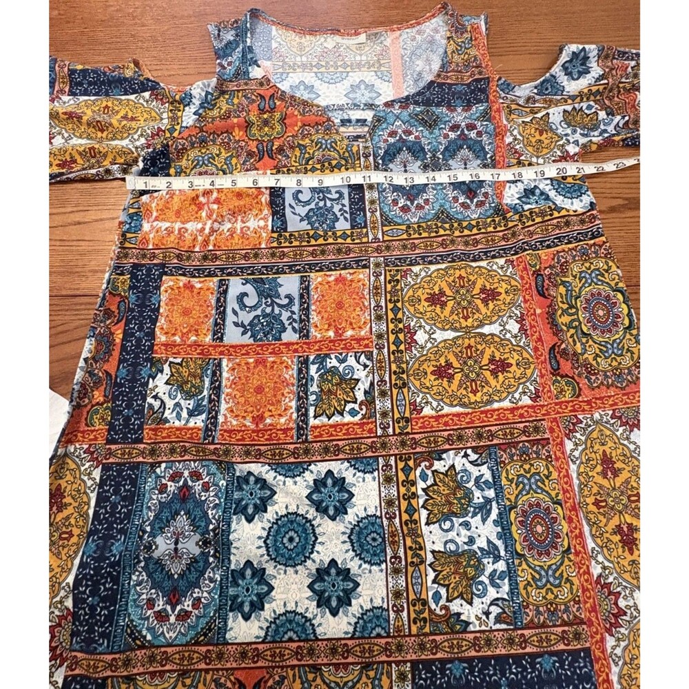 Avenue Cold Shoulder Tunic Top 3/4 Sleeve Patchwork Boho Stretch Knit  Size 16